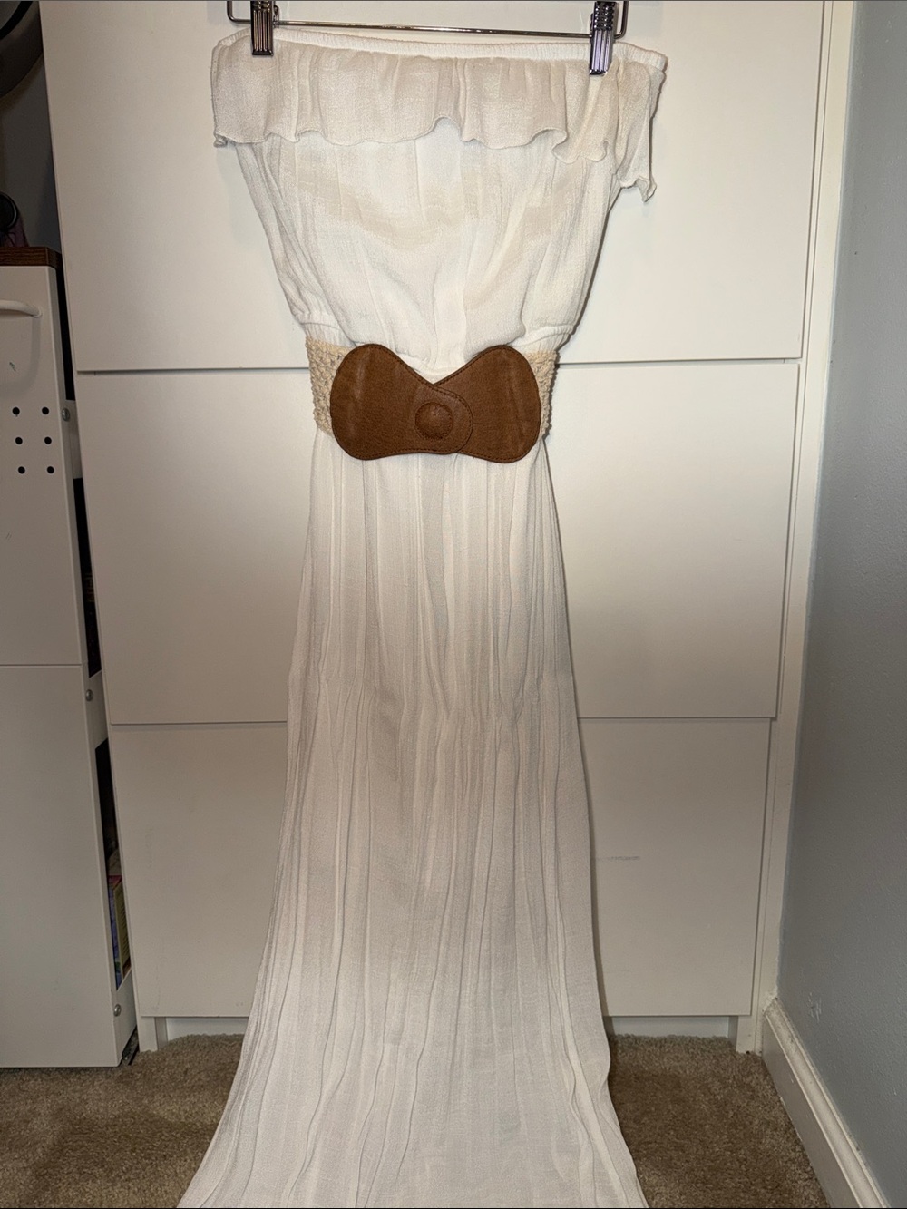Trixxi Cream Strapless Maxi Dress with Brown Waist Accent